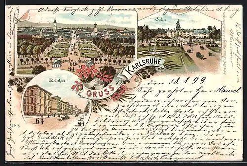 Lithographie Karlsruhe, Schloss, Cadettenhaus und Gesamtansicht