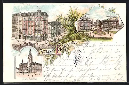 Lithographie Elberfeld, Neues Rathaus, Theater und Badeanstalt