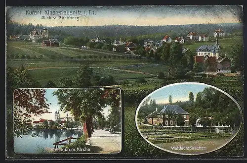AK Klosterlausnitz i. Thür., Blick vom Buchberg, Klosterteich mit Kirche, Waldschlösschen