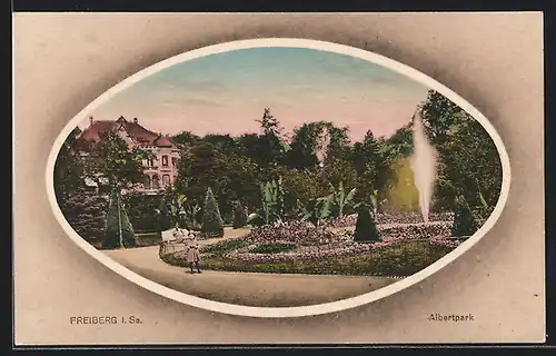 AK Freiberg /Sa., Albertpark, Partie mit Villa und Springbrunnen