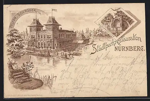 Lithographie Nürnberg, Gasthaus Stadtparkrestauration, Musikpavillon, Bes. F. Schröder