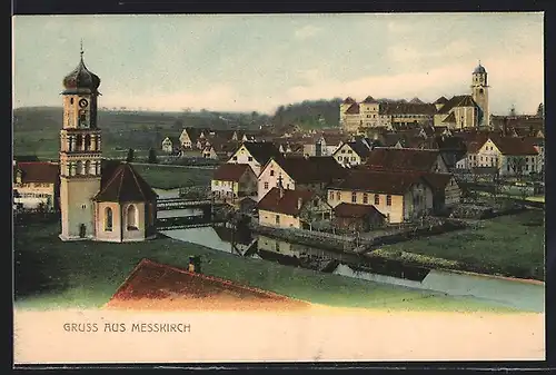 AK Messkirch, Ortsansicht mit Kirche und Brücke aus der Vogelschau