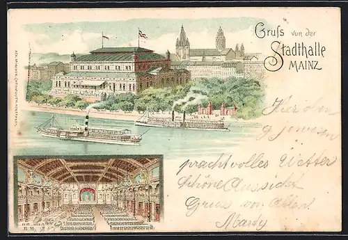 Lithographie Mainz, Stadthalle mit Dampfern und Stadtblick, Saal