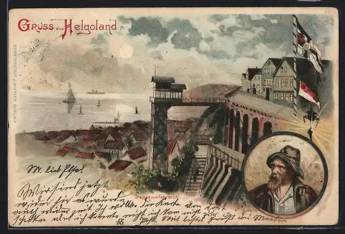 Lithographie Helgoland, Treppe und Fahrstuhl, Ortsansicht, Porträt Fischer