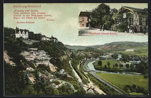 AK Dornburg-Dorndorf, Gasthaus blaues Schild, Ortspanorama mit Goethe-Schloss