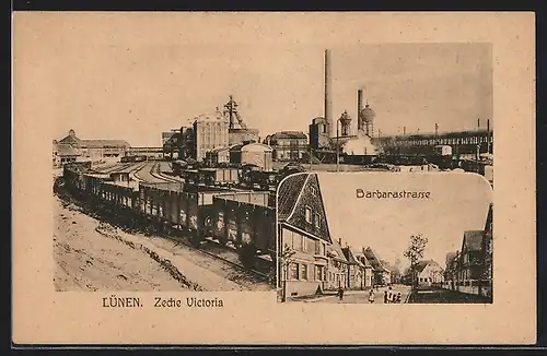 AK Lünen, Zeche Victoria mit Bahn, Barbarastrasse