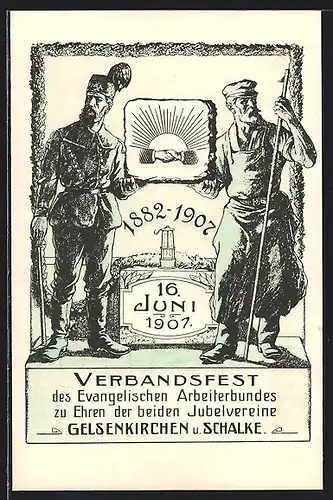 AK Gelsenkirchen, Verbandsfest des Evangelischen Arbeiterbundes 16.6.1907, Bergmann und Arbeiter