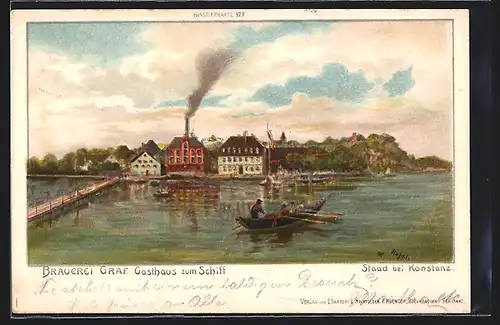 Lithographie Staad bei Konstanz, Brauerei Graf, Gasthaus zum Schiff