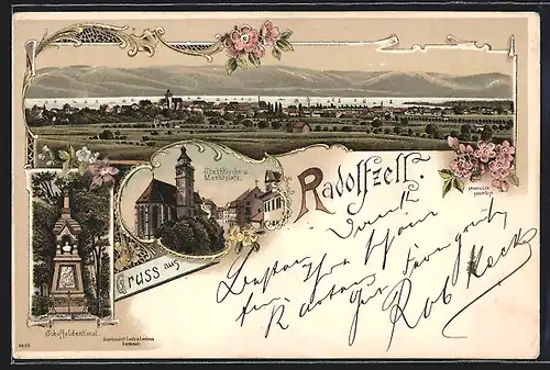 Lithographie Radolfzell, Stadtkirche u. Marktplatz, Scheffeldenkmal, Panorama