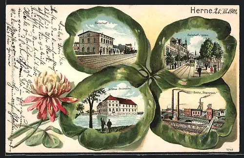 Passepartout-Lithographie Herne, Bahnhof, Schloss Strünkede, Zeche Shamrock und Bahnhofstrasse im Kleeblatt