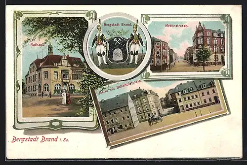 AK Brand i. Sa., Markt mit Bahnhofstrasse, Wettinstrasse und Rathaus