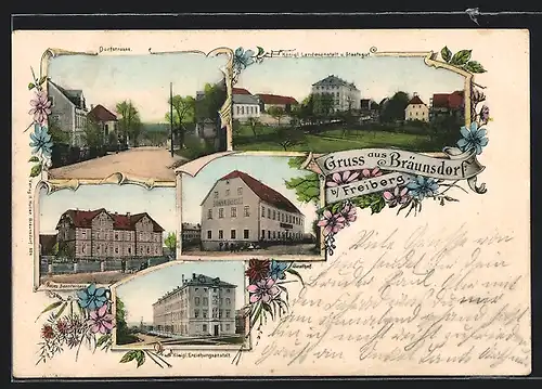 AK Bräunsdorf b. Freiberg, Dorfstrasse, Gasthof, Neues Beamtenhaus, Königl. Erziehungsanstalt