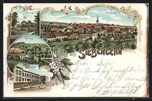 Lithographie Siebenlehn /Sachsen, Totalansicht, Schule, Romanus und Zollhaus