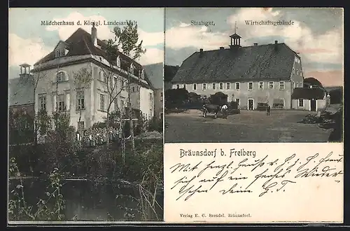 AK Bräunsdorf b. Freiberg, Staatsgut, Wirtschaftsgebäude, Mädchenhaus d. Königl. Landesanstalt