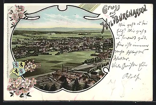 Lithographie Hildburghausen, Gesamtansicht aus der Vogelschau