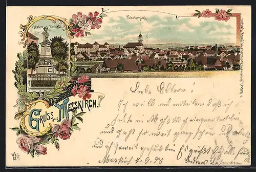 Lithographie Messkirch, Kreutzer-Denkmal, Totalansicht