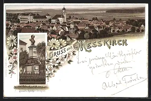 Lithographie Messkirch, Conradin-Kreutzer-Denkmal, Ortsansicht