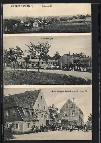 AK Grossvoigtsberg, Gasthof zum schwarzen Bär, Barackenlager, Ortsansicht