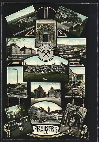AK Freiberg i. Sa., Totalansicht, Landgericht und Kaserne v. Petersturm gesehen, Halsbrücker Esse, Muldenhütten, Obermar