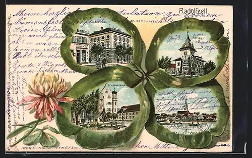 Passepartout-Lithographie Radolfzell, Kriegerdenkmal, Bahnhofsplatz, Mettnau im Kleeblatt