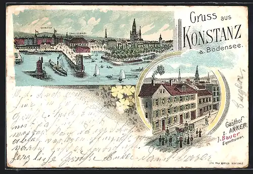 Lithographie Konstanz a. Bodensee, Gasthof zum Anker von J. Bauer, Panorama