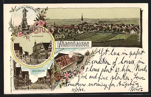 Lithographie Thannhausen, Christof von Schmid Denkmal, Totalansicht, Rathaus, Bahnhofstrasse