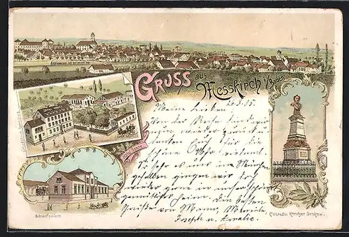 Lithographie Messkirch, Totalansicht, Hotel Sonne, Bahnhofsgebäude, Conradin Kreutzer Denkmal