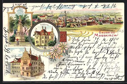 Lithographie Messkirch, Forsthaus, Rathaus, Kreutzerdenkmal