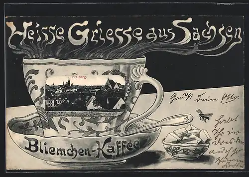AK Freiberg, Teilansicht der Ortschaft auf einer Tasse Bliemchen-Kaffee