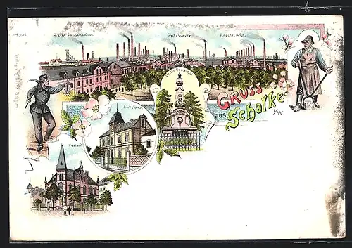 Lithographie Schalke, Amtshaus, Postamt, Zeche Consolidation, Bergmann