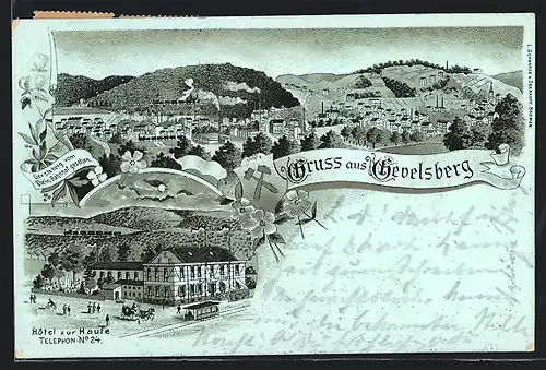 Mondschein-Lithographie Gevelsberg, Hotel zur Haufe, Ortsansicht vom Rhein. Bahnhof aus