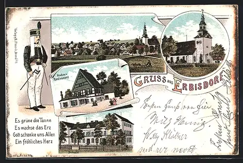 Lithographie Erbisdorf, Kreher`s Restaurant, Schule, Kirche, Bergmann in Uniform