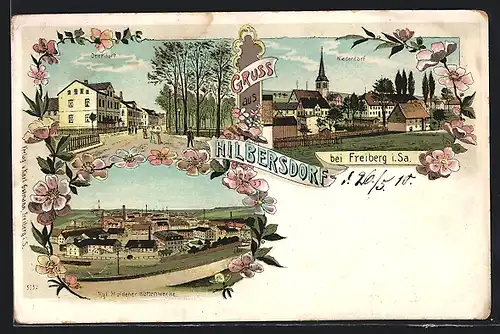 Lithographie Hilbersdorf / Freiberg, Kgl. Muldener Hüttenwerke, Strassenpartie im Oberdorf
