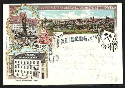 Lithographie Freiberg i. S., Hotel Schwarzes Ross, Marktbrunnen