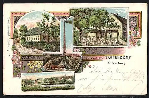 Lithographie Tuttendorf b. Freiberg, Gasthaus, Zeche, Teilansicht des Ortes