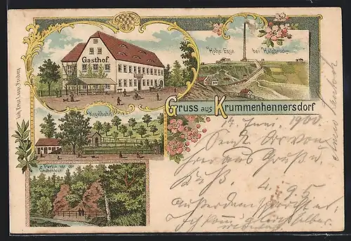 Lithographie Krummenhennersdorf, Gasthof, Kegelbahn, Hohe Esse bei Halsbrücke
