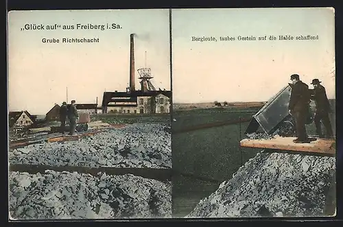 AK Freiberg i. Sa., Grube Richtschacht, Bergleute beim taubes Gestein auf die Halde schaffend
