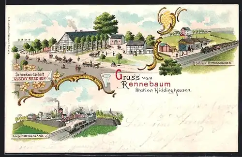 Lithographie Hiddinghausen, Rennebaum, Zeche Deutschland, Gastwirtschaft Gustav Reschop und Bahnhof
