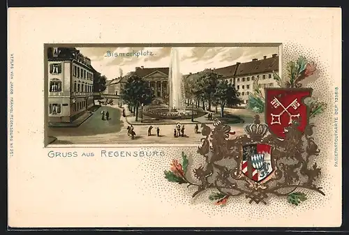 Passepartout-Lithographie Regensburg, Strassenpartie am Bismarckplatz, Wappen