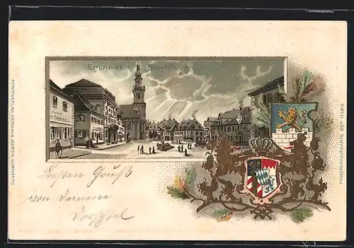 Passepartout-Lithographie Erlangen, Hauptstrasse, Wappen