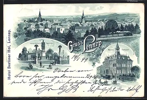 Lithographie Lennep, Ortsansicht mit Kirche und Eisenbahn, Blick auf Kaiser Wilhelm Denkmal und Rathaus
