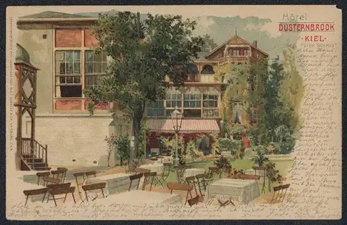 Lithographie Kiel, Am Hotel Düsternbrook, Gartenansicht