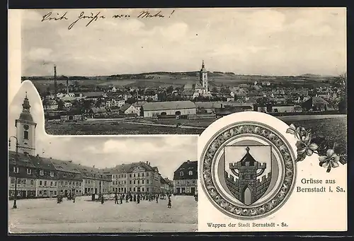 AK Bernstadt /Sa., Marktplatz mit Säulendenkmal und Uhrenturm, Stadtwappen, Gesamtansicht