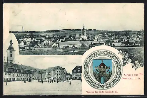 AK Bernstadt i. Sa., Teilansicht, Platz mit Bäckerei und Geschäften, Stadtwappen