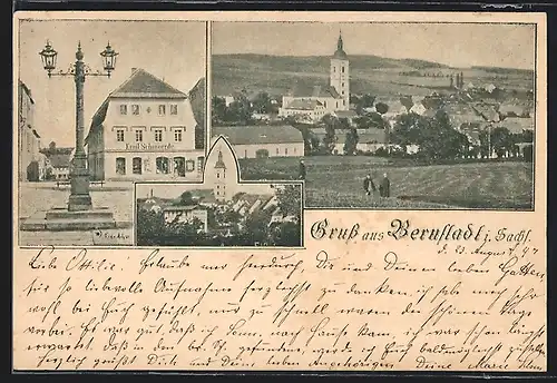AK Bernstadt i. Sachs., Ortsansicht, Ortsansicht mit Kirche, Geschäft von Emil Schmorrde