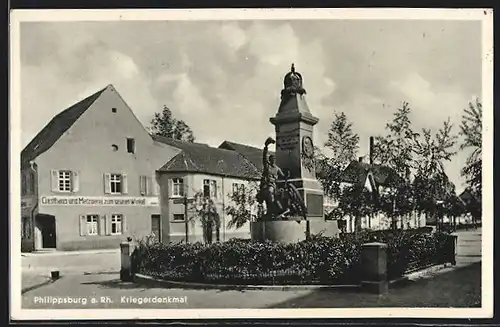 AK Philippsburg a. Rh., Gasthaus und Metzgerei zum grünen Winkel, Kriegerdenkmal