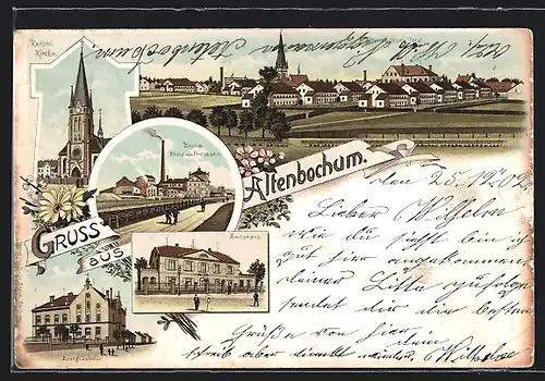 Lithographie Altenbochum, Zeche Prinz von Preussen, Amtshaus, Evangelische Schule