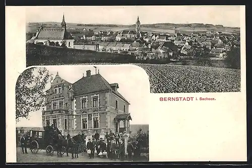AK Bernstadt /Sa., Panorama des Ortes, Grosses Gebäude mit Soldatengruppe und Kutsche