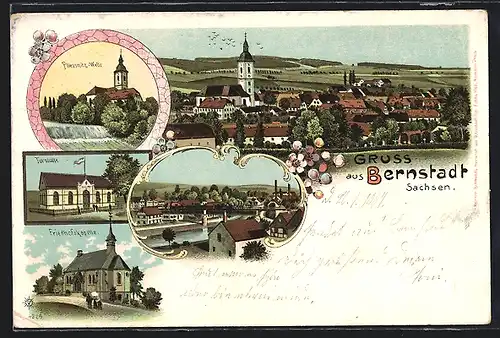 Lithographie Bernstadt /Sachsen, Pliessnitz-Wehr, Turnhalle, Friedhofskapelle
