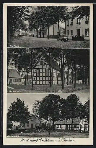 AK Gr. Schauen b. Storkow, Gasthof zu den 3 Linden, Dorfaue und Kirche